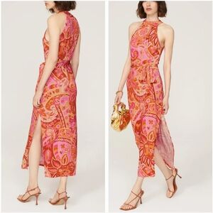 Rixo Celeste Stretch Jersey Paisley Print Halter Neck Side Slit Midi Dress Mediu